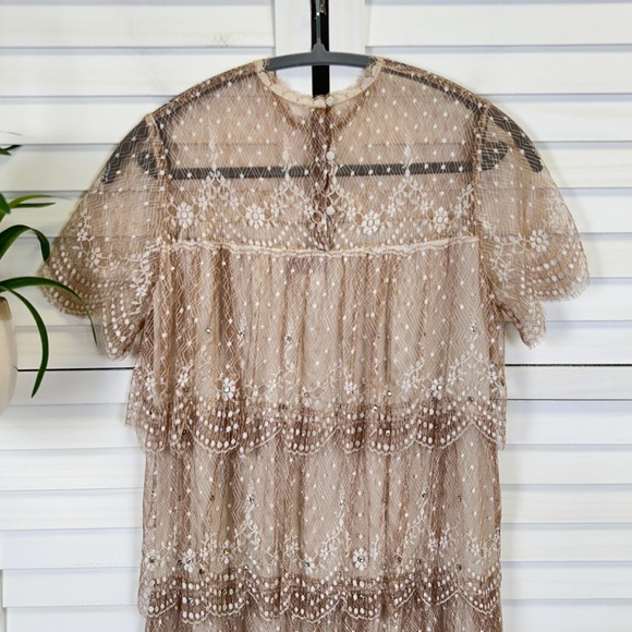 Vtg 80s Rina di Montella Silk Lace Tiered‎ Midi Dress Tan Rhinestone Size 6 - Picture 7 of 9
